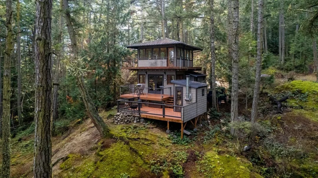 Luxury eco-resort cabin with glass walls perched on forest hillside